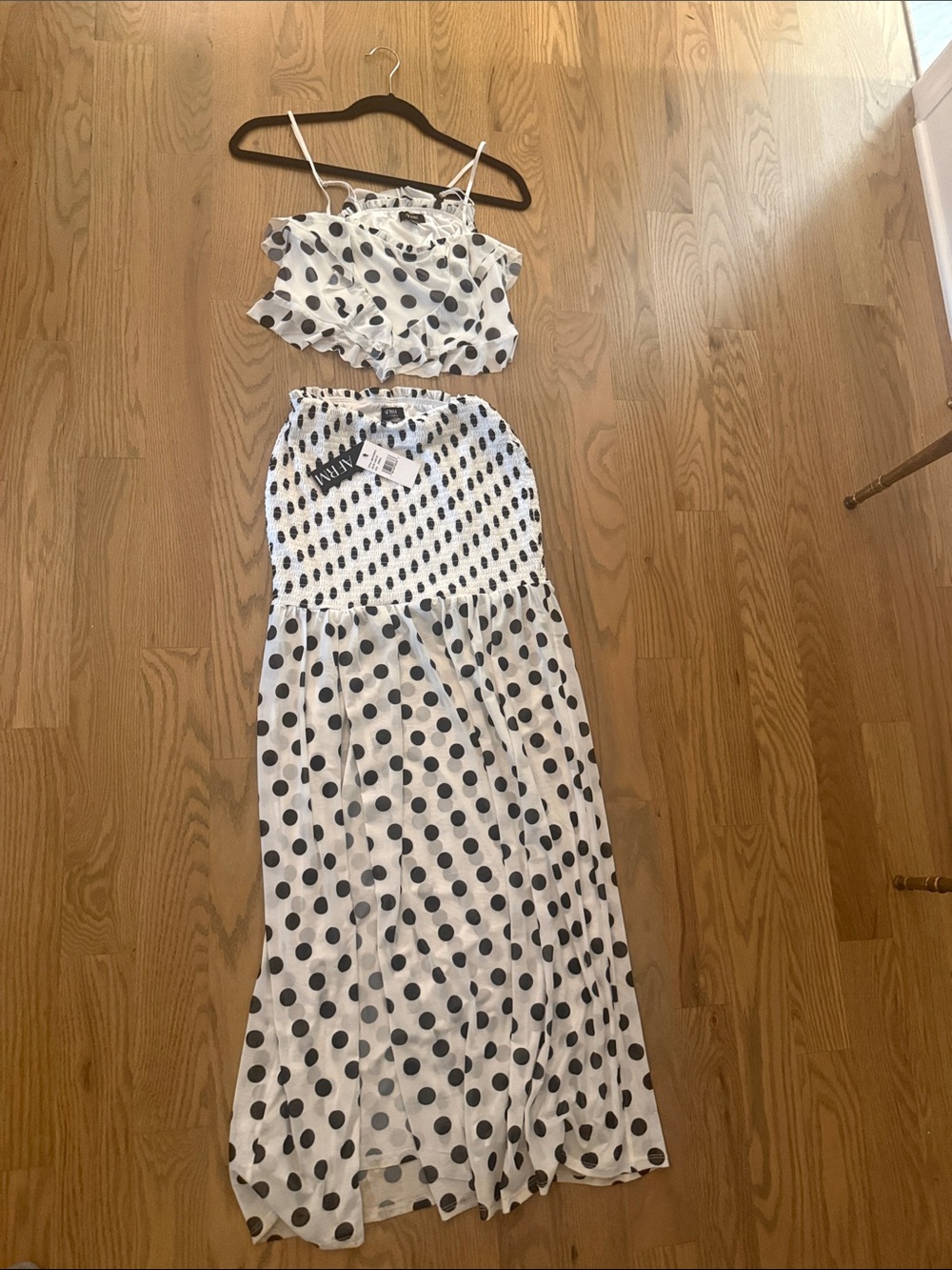 AFRM White Maxi skirt and Crop ruffle top with Black Polka Dots